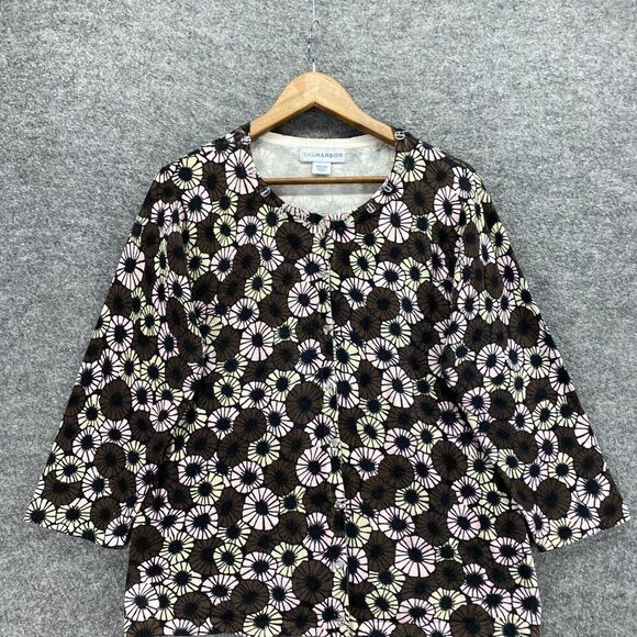 Sag Harbor Cardigan Women M Medium Black Floral Knit Button Long Sleeve Cotton - Picture 3 of 9